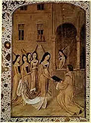 Jean de Meung présentant sa traduction en français de la Consolation de Philosophie à la reine Marguerite d'Anjou, fin XVe&nbsp;siècle.