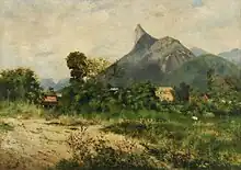 peinture de paysage montrant des maisons blotties au milieu des arbres et une grande colline surmontée d'un pic rocheux au loin