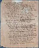 Page blanche remplie d'une écriture cursive ; plusieurs vers rayés au milieu