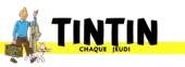 Logo de journal sur fond blanc et jaune : TINTIN, avec comme sous-titre "CHAQUE JEUDI"