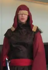 Femme portant un voile pourpre et doré sur le visage cachant les yeux.