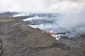 Vue aérienne du Kamoamoa en éruption avec le Puʻu ʻŌʻō au dernier plan le 7 mars 2011.