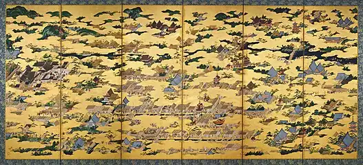 Kanō Eitoku. Vues à l'intérieur et à l'extérieur de la capitale, Kyoto. Paravent à six feuilles. Couleurs et or sur papier honkin, 160,5 x 364,5&nbsp;cm. 1561-1562. Yonezawa City Uesugi Museum.