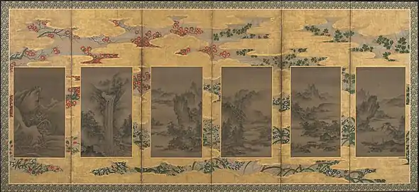 Paysages, fleurs et arbres des quatre saisons. Kanō Motonobu, début XVIe&nbsp;siècle. Paravent à six panneaux. Encre, couleur et or sur papier, 175,2 x 375,8&nbsp;cm.