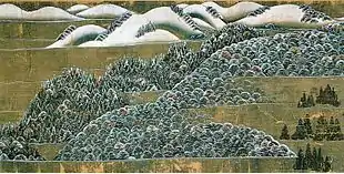 Takashina Takakane, 1309. Rouleau 19, section 1 : paysage de montagnes enneigés proches du sanctuaire shintō de Kasuga.