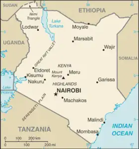 Carte du Kenya, montrant au nord-ouest sa frontière avec le Soudan du Sud et le Triangle d'Ilemi.