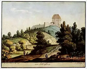 (Eisenach) Am Schloßberg (eau-forte en couleur, v. 1800, Wartburg-Stiftung&nbsp;(de)).