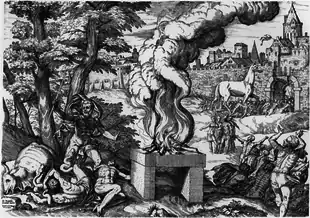 Eau-forte de Giovanni Battista Fontana intitulée Le Cheval de Troie (fin du XVIe&nbsp;siècle).