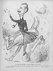 Dessin sépia de deux hommes présentés dans un tourbillon de bulletins de vote ; l’un, jeune, mince et moustachu, arbore une veste gonflée et tente de se maintenir en équilibre sur une boule de contrôle, tandis que l’autre, plus âgé et à la barbe blanche, se tient courbé, les pans de sa queue-de-pie redressés et le regard en direction de celui qui semble être son adversaire