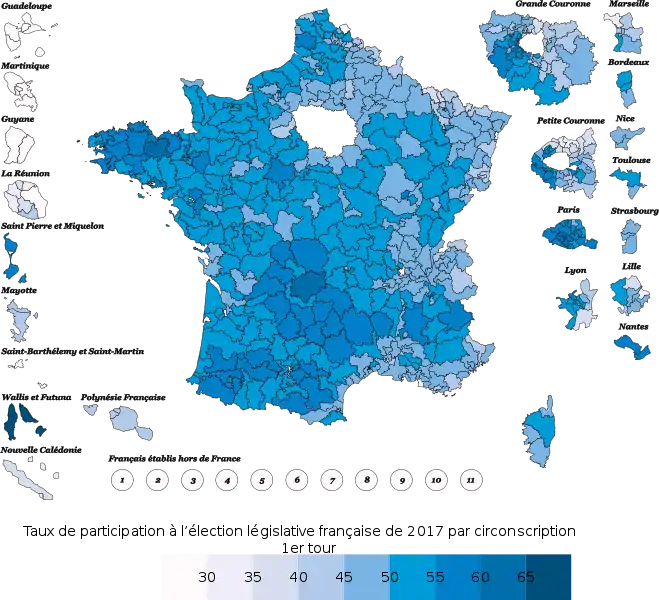 Participation dans chaque circonscription au 1er&nbsp;tour.
