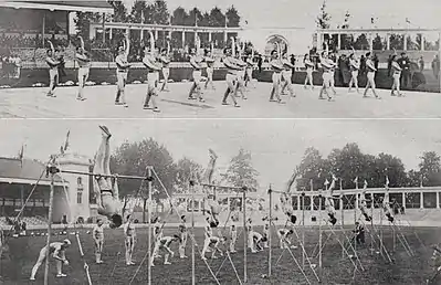 Photographies montrant les gymnastes français pendant l'exercice au sol en haut et à la barre fixe en bas dans le stade olympique.