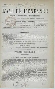 Photographie de la première page du premier numéro de la revue L'Ami de l'enfance.