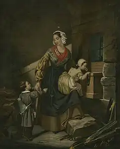 L'Aumône de l'ouvrière, lithographie coloriée de Régnier d'après le tableau d'E. Latil exposé au Salon de 1841.