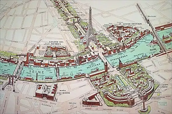 Détail du plan de l'exposition : zone du Trocadéro et de la Tour Eiffel.