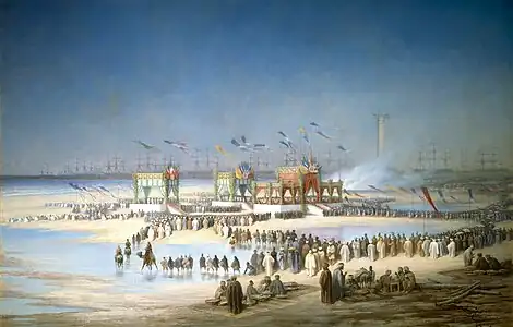 L'Inauguration du canal de Suez, aquarelle de  L'Album de l'Impératrice. Voyage pittoresque à travers l’isthme de Suez, 1869, Paris, Association du Souvenir de Ferdinand de Lesseps et du Canal de Suez.