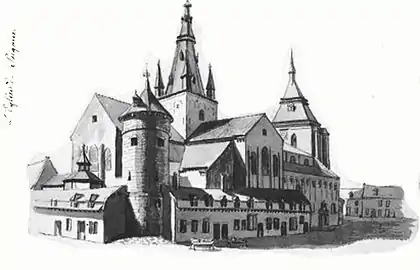 La collégiale en 1822, la tour Malvau du XIVe&nbsp;siècle sera démolie en 1870 - Original conservé au Musée royal de Mariemont - Album de Jean de Vaere - ELB-MRM-4492 A.