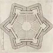 Forme en étoile de fortification, version en hexagone.