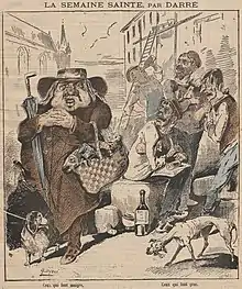 Dessin en couleurs représentant un religieux ventripotent cheminant avec un panier débordant de poissons et un groupe d'ouvriers faméliques se contente d'un saucisson et d'une bouteille de vin.