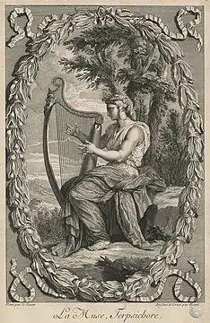 La muse Terpsichore, gravure de Bernard Picart d'après Eustache Le Sueur (XVIIIe siècle).