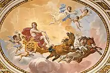 tableau montrant un char attelé de quatre chevaux avec un homme à l'intérieur dont la tête rayonne.