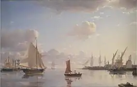 Udsigt fra Langelinie mod Nyholm med mastekranen morgenbelysning (1850).