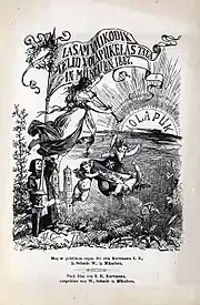 Page de titre illustrée d'angelots claironnants devant le soleil levant du volapük