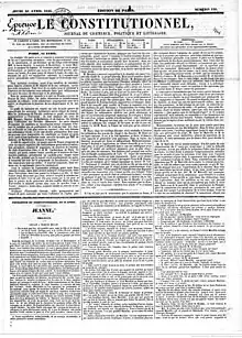 Première page du Constitutionnel qui comprend uniquement du texte. Le premier épisode de Jeanne figure sur le tiers inférieur de la page.