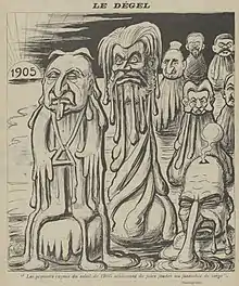 Dessin monochrome dépeignant les membres du cabinet Combes sous la forme de bonhommes de neige en train de fondre sous les premiers feux du Soleil-1905.