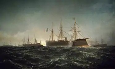 Tableau représentant plusieurs navires à vapeur faisant route