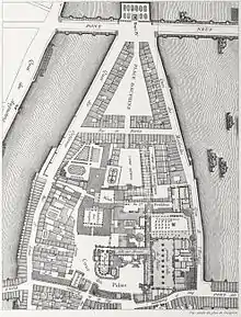 La rue Saint-Louis et le quai des Orfèvres en 1754.