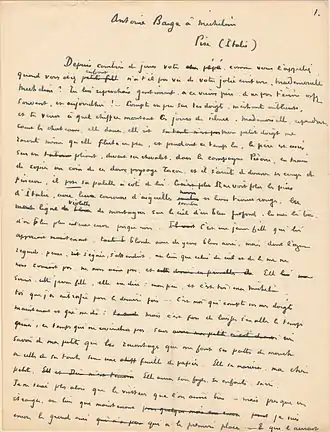 La page (numérotée 1.) de papier jauni porte 26 lignes serrées, légèrement descendantes, rédigées à l’encre noire. De nombreuses ratures émaillent le texte dense dont l’écriture droite, non penchée, ne lie pas toujours entre elles les lettres des mots.