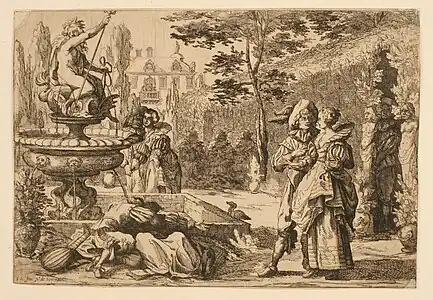 Le Jardin galant, d'après Johann Liss, Nicolas de Son, avant 1632, estampe à l'eau-forte rehaussée au burin, 18.2 x 26.4 cm, Musée des Beaux-Arts de Nancy, Inv. TH.99.15.1145