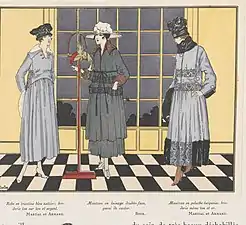 Robe en tricotine bleu nattier&nbsp;; broderie ton sur ton et argent (Martial et Armand). Manteau en lainage double-face, garni de castor (Beer). Manteau en peluche turquoise, broderie même ton et or (Martial et Armand).