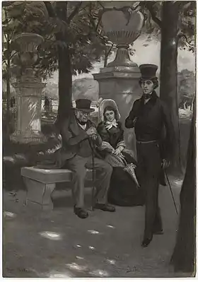 Marius passe devant le banc de Cosette et « monsieur Leblanc » au jardin du Luxembourg. Illustration de Pierre Georges Jeanniot, 1891.