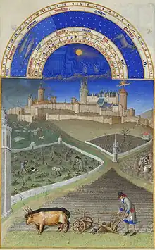 Mars, les labours, Les Très Riches Heures du duc de Berry, XVe siècle.