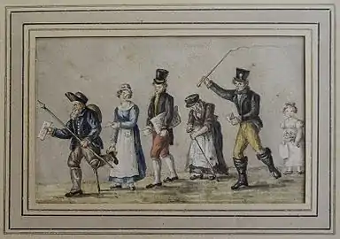 Les messagers, dont le Messager boiteux, aquarelle par Herminie Chavannes au Musée historique de Vevey.