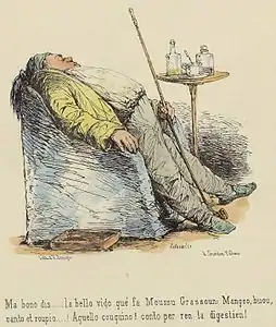 Ma bonne dit… La belle vie que mène Monsieur Grassoun. Il mange, boit, chante et roupille !… Cette coquine ! Elle compte pour rien la digestion !, caricature parue dans Album provençal. Études de mœurs locales, 1862.