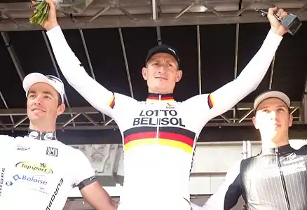 Podium de l'édition 2014 du Grand Prix Jef Scherens : Tom Van Asbroeck (2e), André Greipel (1er) et Danny van Poppel (3e).