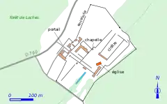 Plan légendé en couleurs des vestiges d'une abbaye.