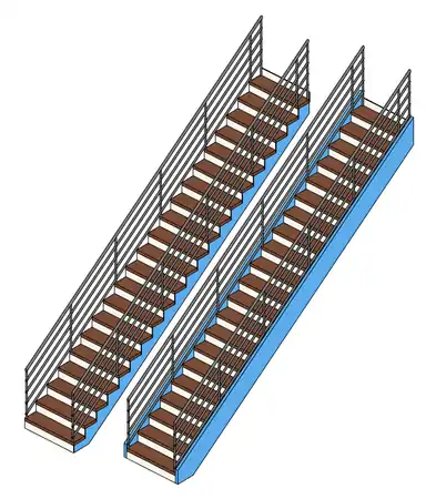 Limon représenté en bleu. Limon à la française (fermé) à droite. Limon à crémaillère (ouvert) à gauche.
