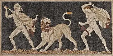 Mosaïque en galets de rivière représentant une chasse au lion à laquelle aurait participé Alexandre. Pella, Grèce, IVe siècle av. J.-C.