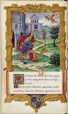 Dans un cadre doré, David agenouillé reçoit la visite d'un ange au sein d'un paysage.