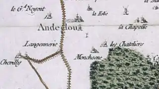 Localisation d'Andeglou avant qu'elle ne soit nommée Chevilly sur la carte de Cassini (XVIIIe&nbsp;siècle). © IGN.
