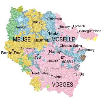 Carte du duché de Lorraine en 1766. Ce duché recouvre l'essentiel des départements actuels des Vosges et de Meurthe-et-Moselle, de la Moselle (hors le sillon Metz-Thionville) et, pour la Meuse, les environs de Commercy.