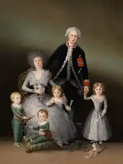 La famille Benavente-Osuna, toile de Francisco Goya ; deux adultes, quatre jeunes enfants et un caniche.
