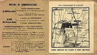 Publicité pour un lotissement vers 1904-1905, mettant en valeur la qualité de sa desserte en transports en commun.Lotissement et desserte par les transports en commun de banlieue étaient, au XIXe&nbsp;siècle et au début du XXe&nbsp;siècle, des éléments interdépendants.