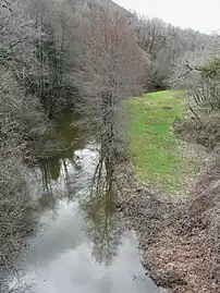 La Loue au pont de la RD 707, en limite de Lanouaille (à gauche) et Dussac.