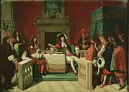 Molière et le roi attablé. Le roi parle aux courtisans, Molière regarde le roi.