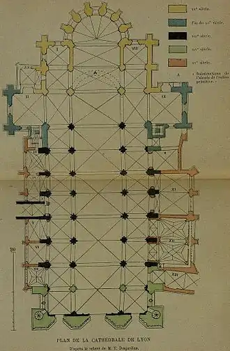 Plan en couleurs d’une cathédrale, dans lequel chaque couleur est associée à une époque de construction.
