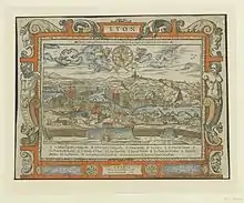 Dessin en couleurs montrant Lyon vue depuis la Croix-Rousse, au-delà des remparts. Les différentes églises et les deux ponts de la ville sont bien visibles.